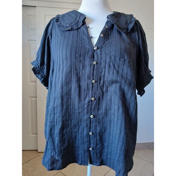 Pilcro | Anthropologie Black 1X Textured Button Front Blouse Ruffle Collar Boho - Picture 2 of 14